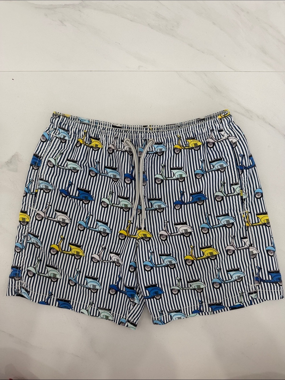 MC2 Saint Barth Navy & White Striped Swim Trunks with Multicolor Scooter Print